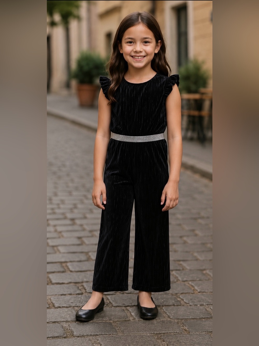 Zunie Girls Black Velvet-ish Metallic Jumpsuit with Flutter Sleeves